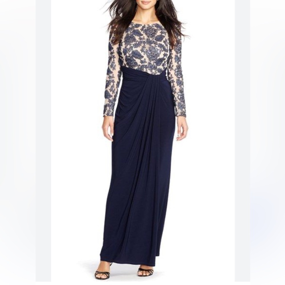 Elegant Lauren Ralph Lauren Navy Cream Lace High Neck Long Sleeve Modest Gown